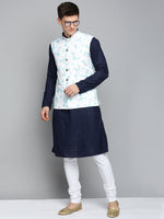 Men Mandarin Collar Printed White Nehru Jacket-SO-5073-Whiteblue