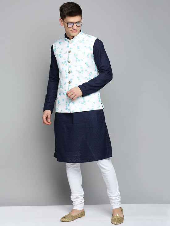 Men Mandarin Collar Printed White Nehru Jacket-SO-5073-Whiteblue