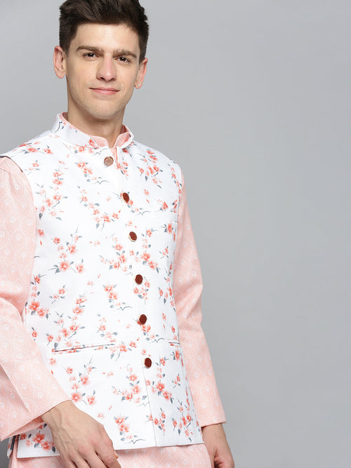 Men Mandarin Collar Printed White Nehru Jacket-SO-5073-Whiteorange