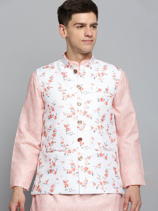 Men Mandarin Collar Printed White Nehru Jacket-SO-5073-Whiteorange