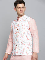 Men Mandarin Collar Printed White Nehru Jacket-SO-5073-Whiteorange