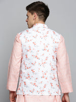 Men Mandarin Collar Printed White Nehru Jacket-SO-5073-Whiteorange