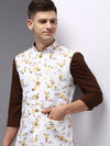 Men Mandarin Collar Printed White Nehru Jacket-SO-5073-Whiteyellow