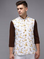 Men Mandarin Collar Printed White Nehru Jacket-SO-5073-Whiteyellow