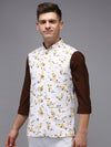 Men Mandarin Collar Printed White Nehru Jacket-SO-5073-Whiteyellow