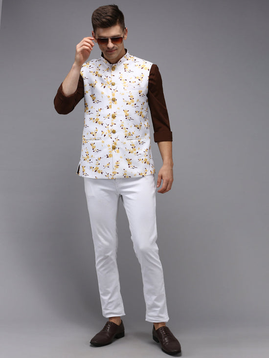 Men Mandarin Collar Printed White Nehru Jacket-SO-5073-Whiteyellow