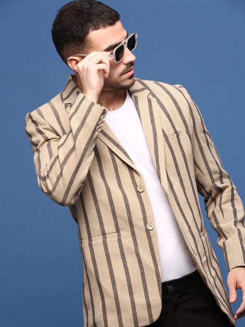 Men Beige Slim Fit Single Breasted Blazer-SOBLZ-091-1-Beige