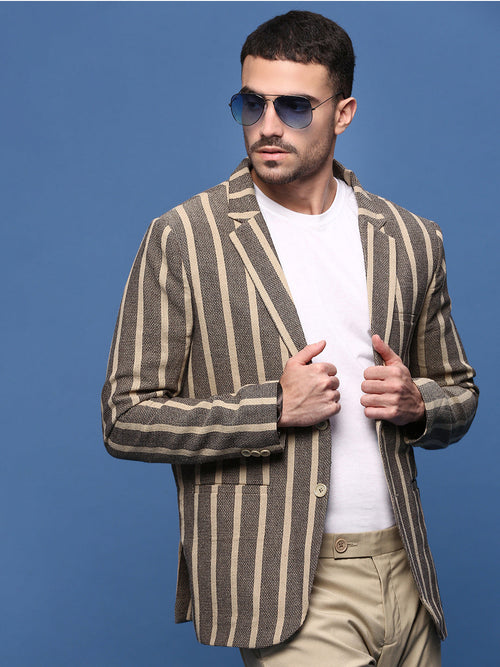 Men Beige Slim Fit Single Breasted Blazer-SOBLZ-091-6-Beige