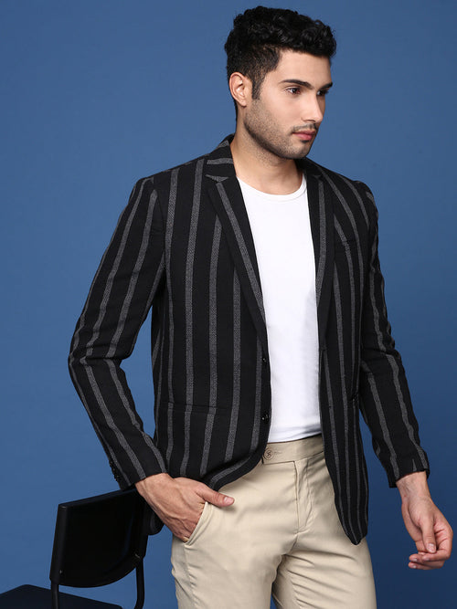 Men Black Slim Fit Single Breasted Blazer-SOBLZ-097-Black