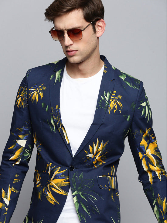 Men Notched Lapel Printed Navy Blue Blazer-SOBLZ-309-Navyblue