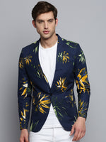 Men Notched Lapel Printed Navy Blue Blazer-SOBLZ-309-Navyblue