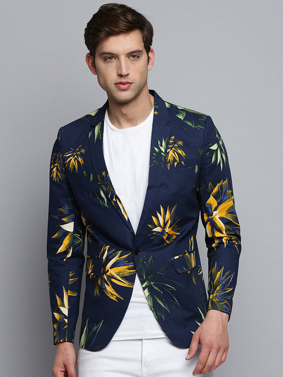 Men Notched Lapel Printed Navy Blue Blazer-SOBLZ-309-Navyblue