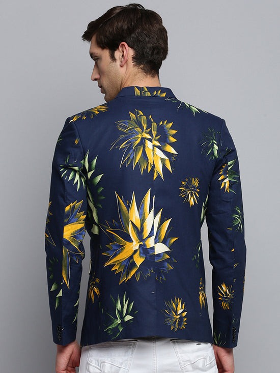 Men Notched Lapel Printed Navy Blue Blazer-SOBLZ-309-Navyblue