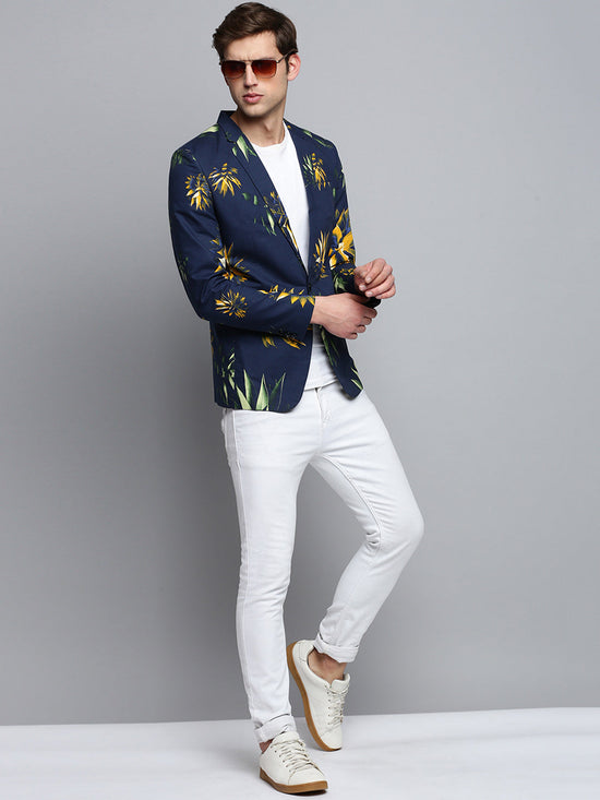 Men Notched Lapel Printed Navy Blue Blazer-SOBLZ-309-Navyblue