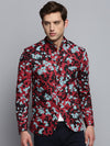 Men Mandarin Collar Printed Burgundy Blazer-SOBLZ-315-Burgundy