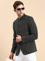 Men Mandarin Collar Striped Black Blazer-SOBLZ-79-7-Black