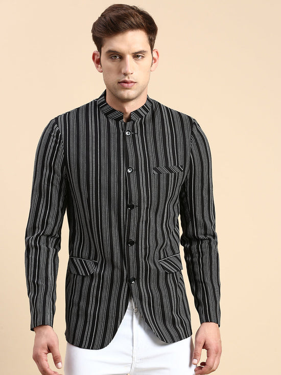 Men Mandarin Collar Striped Black Blazer-SOBLZ-79-7-Black