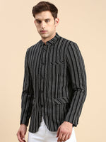 Men Mandarin Collar Striped Black Blazer-SOBLZ-79-7-Black