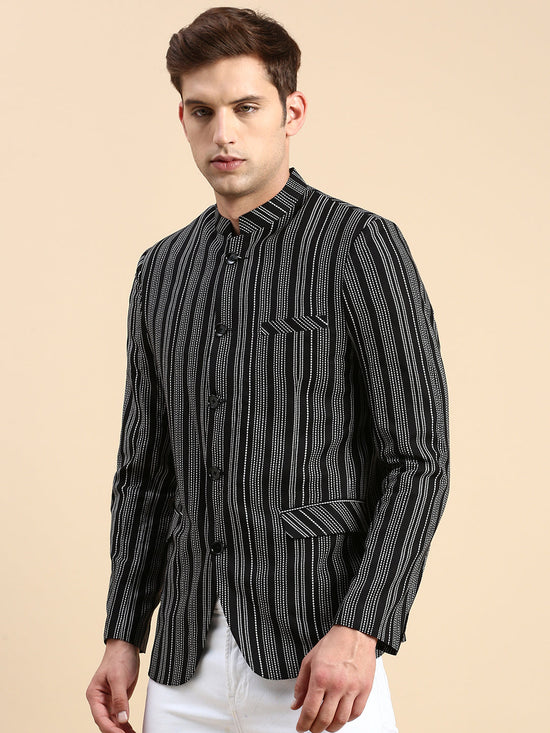 Men Mandarin Collar Striped Black Blazer-SOBLZ-79-7-Black