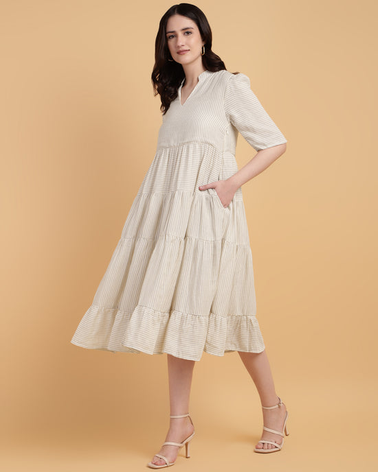 Beige Stripped tiered textured casual midi dress with lining-2924