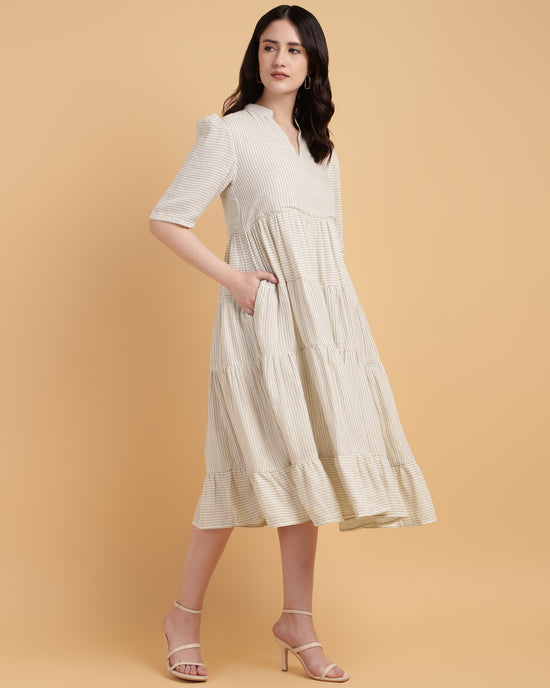 Beige Stripped tiered textured casual midi dress with lining-2924