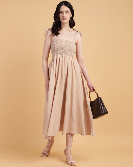 Brown Smocked Casual Midi Dress with Tie-2925