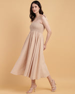 Brown Smocked Casual Midi Dress with Tie-2925