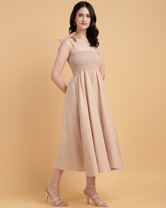 Brown Smocked Casual Midi Dress with Tie-2925