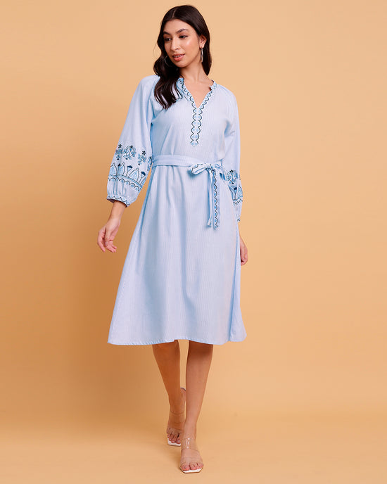 Blue Stripes Embroidered Dress with Detachable Belt-1571