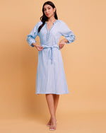 Blue Stripes Embroidered Dress with Detachable Belt-1571