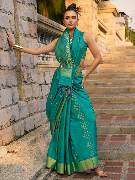 Saree Mall Women's  Blend Teal Blue Woven Design Designer Saree With Blouse Piece-SOSY1704