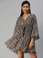 Women V-Neck Printed Kaftan Black Dress-SP-5814-Black