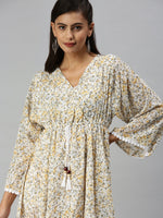 Women V-Neck Printed Kaftan White Dress-SP-5814-White