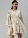 Women V-Neck Printed Kaftan White Dress-SP-5814-White