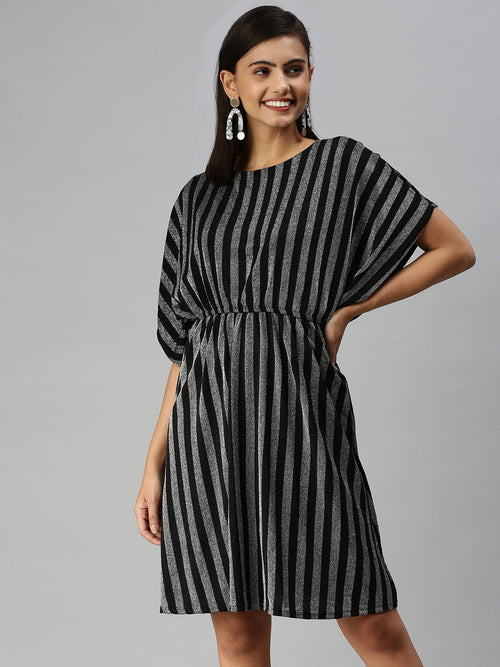 Women Striped Kaftan Silver Dress-SP-8524-Silverblack