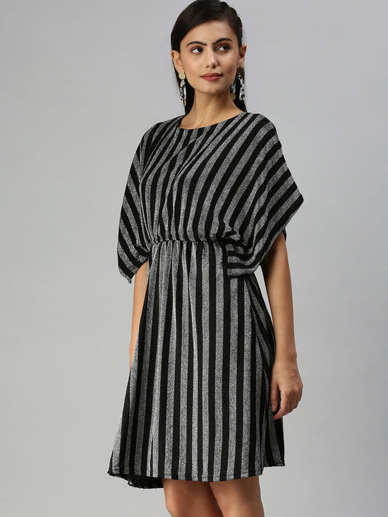 Women Striped Kaftan Silver Dress-SP-8524-Silverblack