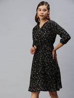 Women V-Neck Printed Fit and Flare Black Dress-SP-871-Black