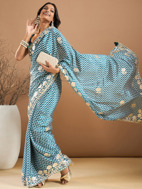 Saree Mall Women's Chiffon Teal Blue Embroidered Designer Saree With Blouse Piece-SRENIK1757B