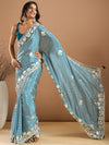 Saree Mall Women's Chiffon Teal Blue Embroidered Designer Saree With Blouse Piece-SRENIK1757B