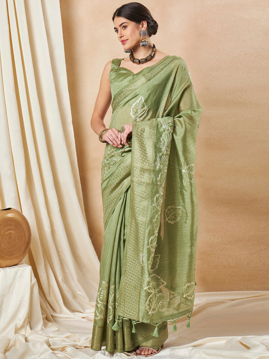 Saree Mall Women's Cotton Blend Light Green Woven Design Designer Saree With Blouse Piece-SRENIK1840B