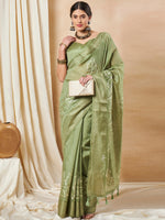 Saree Mall Women's Cotton Blend Light Green Woven Design Designer Saree With Blouse Piece-SRENIK1840B