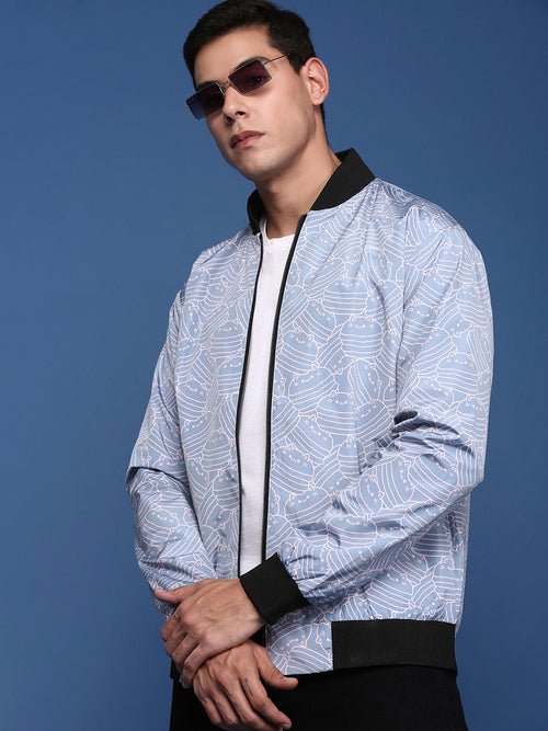 Men Printed Blue Bomber Jacket-SSLI-809-4-Blue