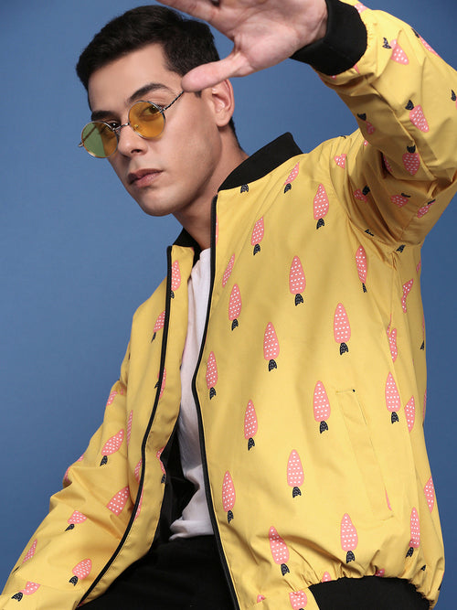 Men Printed Mustard Bomber Jacket-SSLI-809-6-Mustard