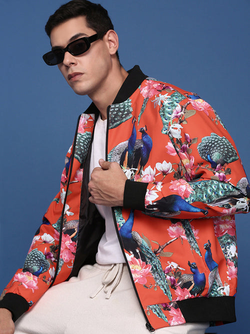 Men Printed Orange Bomber Jacket-SSLI-813-1-Orange