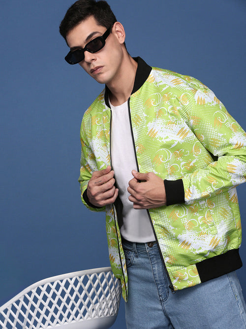 Men Printed Green Bomber Jacket-SSLI-813-2-Green