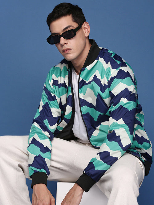 Men Printed Sea Green Bomber Jacket-SSLI-813-3-Seagreen