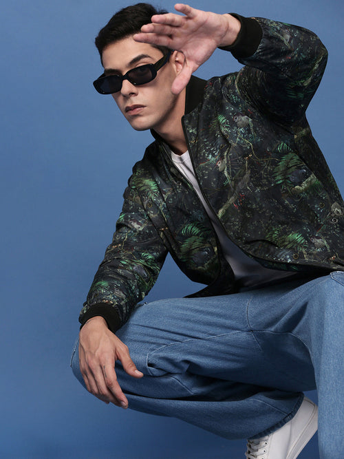 Men Printed Green Bomber Jacket-SSLI-814-Green