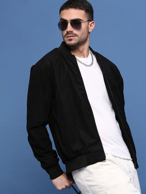 Men Solid Black Bomber Jacket-SSLI-818-1-Black