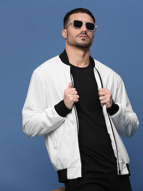 Men Solid White Bomber Jacket-SSLI-818-2-White