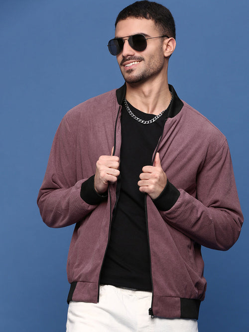 Men Solid Mauve Bomber Jacket-SSLI-818-3-Mauve